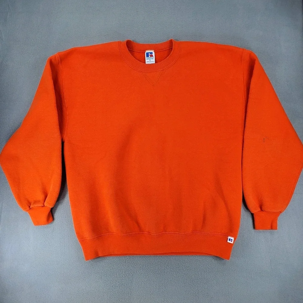 Vintage 90s Russell Athletic Sweatshirt Orange Blank Crewneck Mens XL Made USA